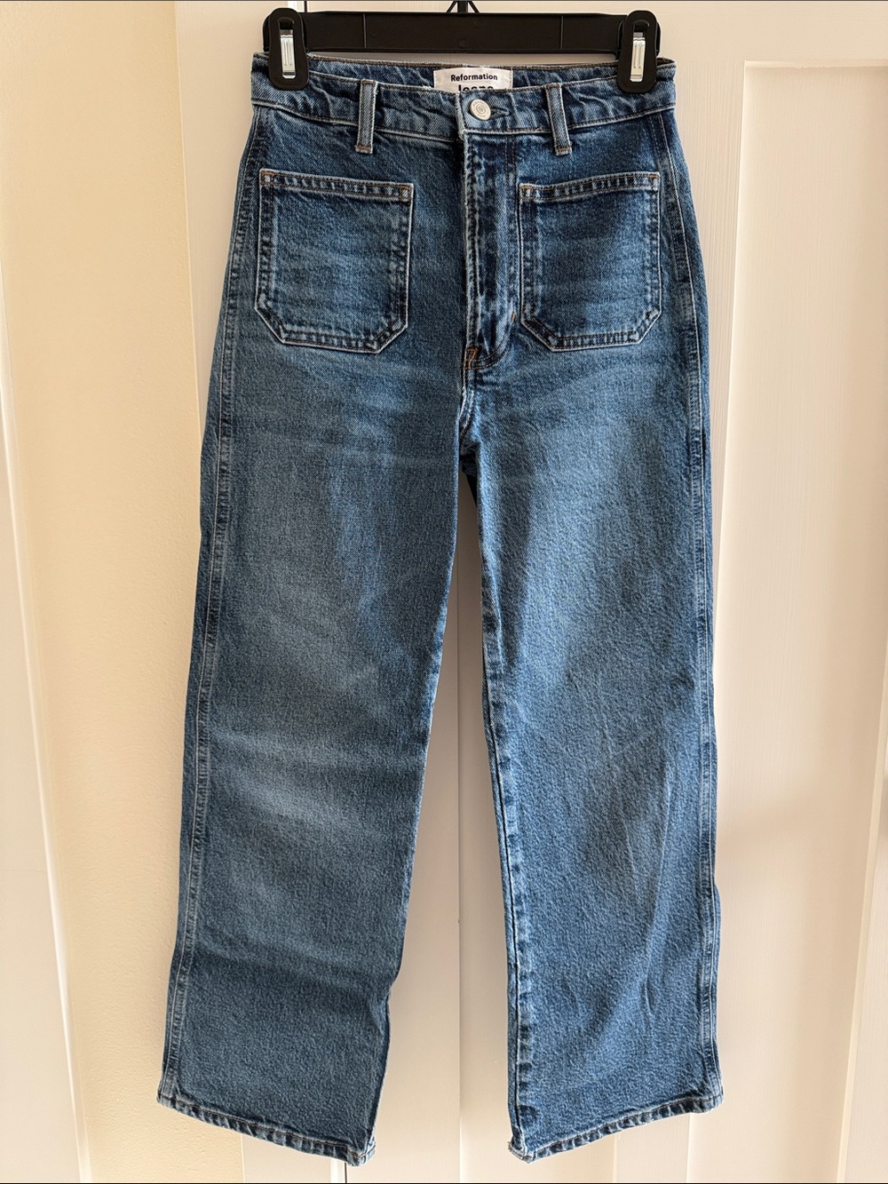 Reformation Alyssa Patch Pocket High Rise  Wide Leg Jeans in Blue Denim